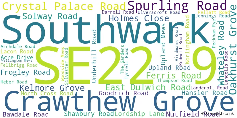 A word cloud for the SE22 9 postcode